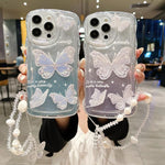 Custodia per telefono in TPU con farfalla glitterata ondulata e catena a bracciale, For iPhone 16 Pro Max, For iPhone 16 Pro, For iPhone 16 Plus, For iPhone 16, For iPhone 15 Pro Max, For iPhone 15 Pro, For iPhone 15 Plus, For iPhone 15                ...