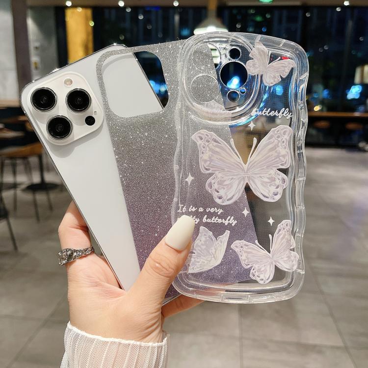 Custodia per telefono in TPU con farfalla glitterata ondulata e catena a bracciale, For iPhone 16 Pro Max, For iPhone 16 Pro, For iPhone 16 Plus, For iPhone 16, For iPhone 15 Pro Max, For iPhone 15 Pro, For iPhone 15 Plus, For iPhone 15                ...
