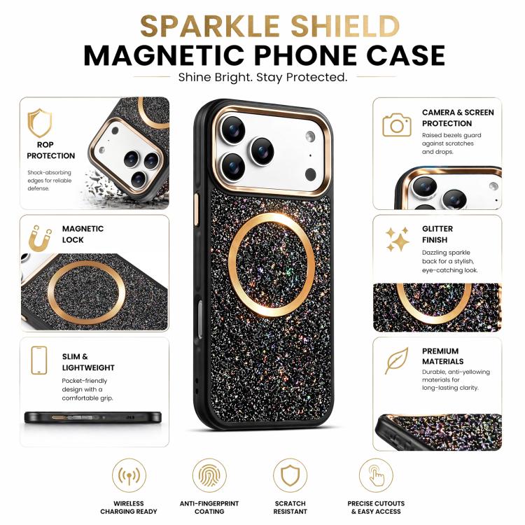 Custodia magnetica antiurto con airbag glitterato per telefono, For iPhone 16, For iPhone 15 Pro Max, For iPhone 15 Pro, For iPhone 15, For iPhone 14 / 13, For iPhone 14 Pro