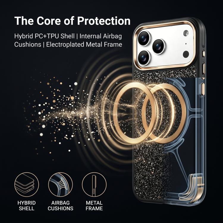 Custodia magnetica antiurto con airbag glitterato per telefono, For iPhone 16, For iPhone 15 Pro Max, For iPhone 15 Pro, For iPhone 15, For iPhone 14 / 13, For iPhone 14 Pro