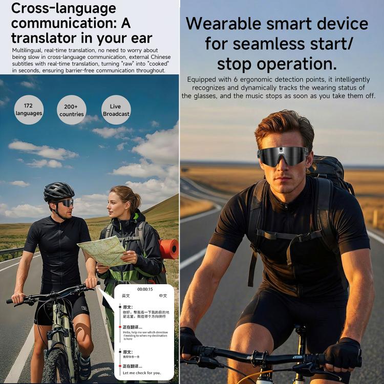 L085 Occhiali intelligenti da ciclismo con intelligenza artificiale, doppio microfono, cancellazione del rumore, assistente vocale e funzione di chiamata, con doppio microfono da 8 MP e cancellazione del rumore.