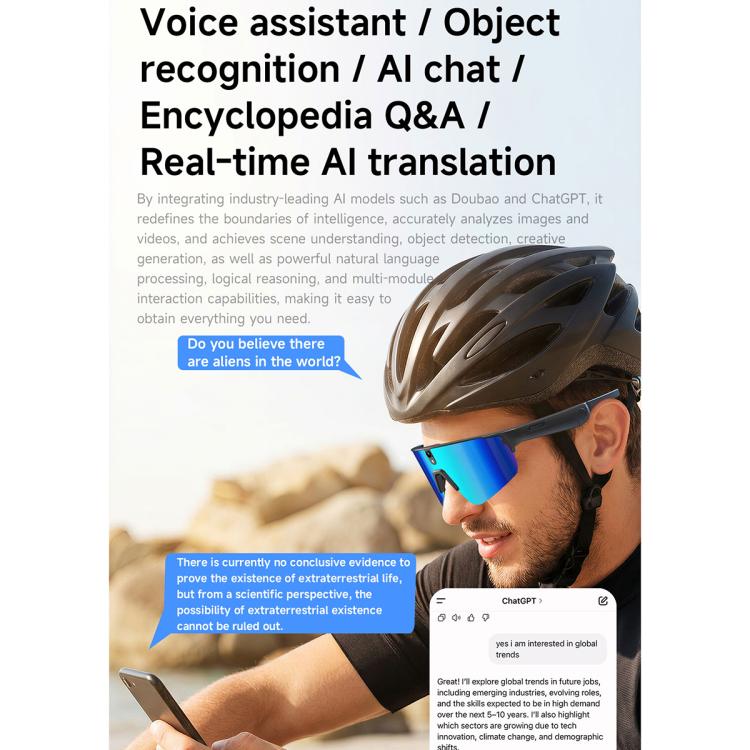 L085 Occhiali intelligenti da ciclismo con intelligenza artificiale, doppio microfono, cancellazione del rumore, assistente vocale e funzione di chiamata, con doppio microfono da 8 MP e cancellazione del rumore.