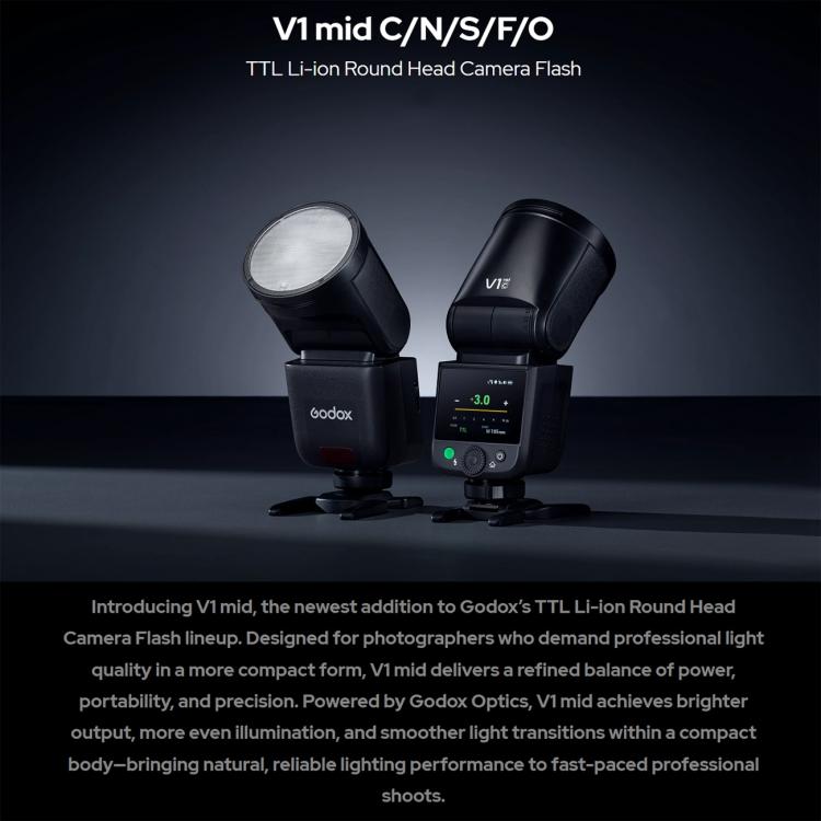 Flash per fotocamera Godox V1 Mid TTL agli ioni di litio con testa rotonda, For Canon, For Nikon, For Sony, For FUJIFILM, For Olympus