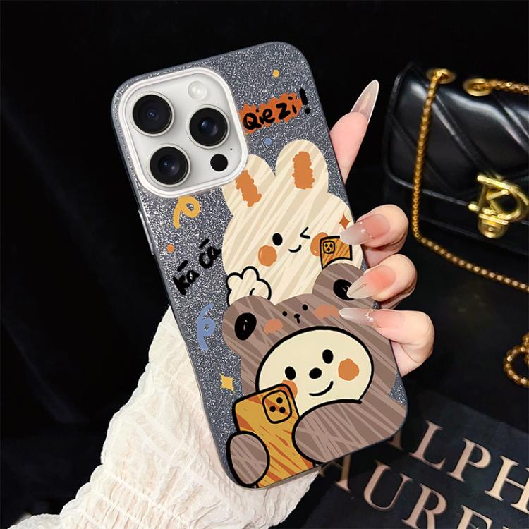 Custodia per telefono ibrida in PC e TPU con glitter IMD e motivo orso., For iPhone 16 Pro, For iPhone 16 Plus, For iPhone 16, For iPhone 15 Pro Max, For iPhone 15 Pro, For iPhone 15 Plus