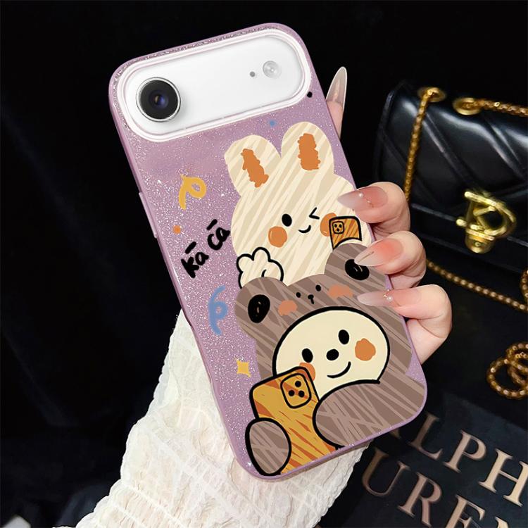 Custodia per telefono ibrida in PC e TPU con glitter IMD e motivo orso., For iPhone 17e / 16e, For iPhone 17 Pro Max, For iPhone 17 Pro, For iPhone 17, For iPhone Air, For iPhone 16 Pro Max