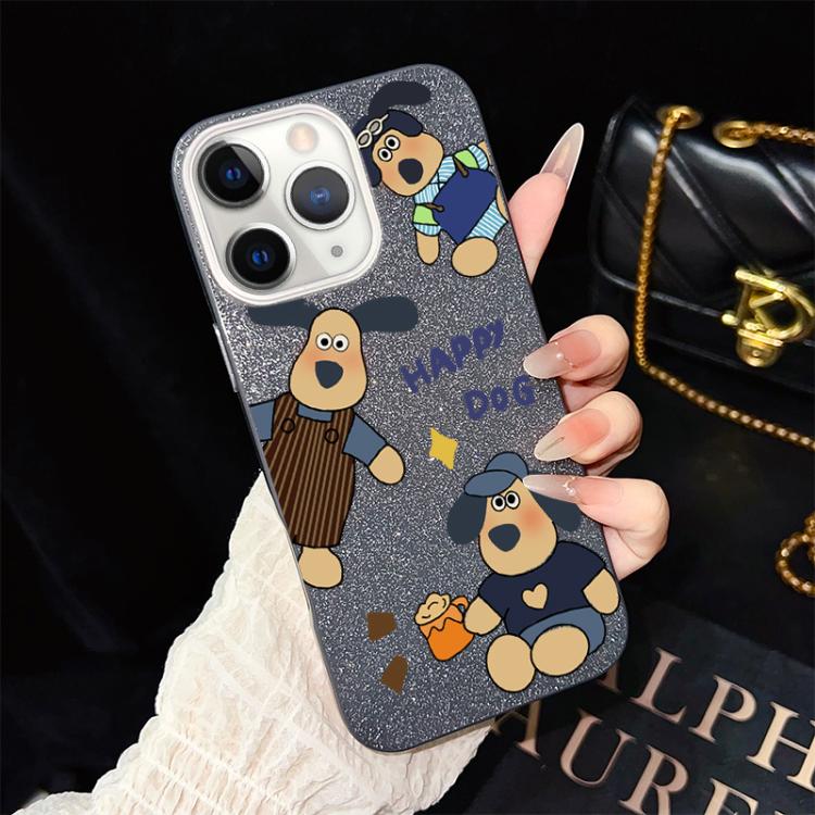 Custodia per telefono ibrida in PC e TPU con motivo "cane felice" e glitter IMD., For iPhone 11 Pro Max, For iPhone 11, For iPhone 11 Pro, For iPhone XS / X, For iPhone XR, For iPhone XS Max