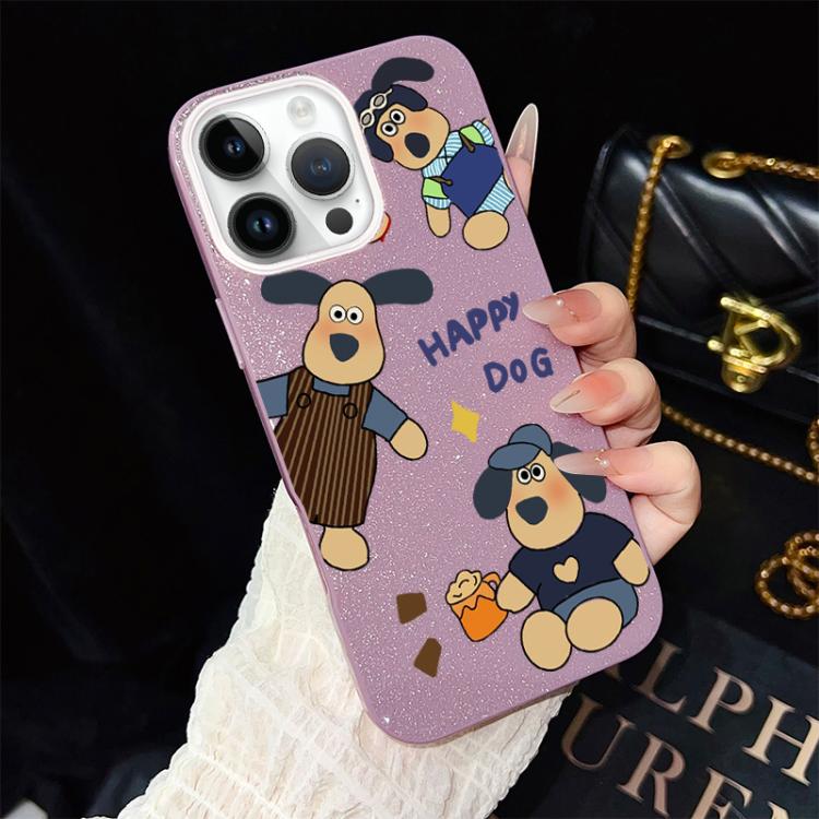 Custodia per telefono ibrida in PC e TPU con motivo "cane felice" e glitter IMD., For iPhone 13 Pro Max, For iPhone 13 Pro, For iPhone 13, For iPhone 12, For iPhone 12 Pro Max, For iPhone 12 Pro