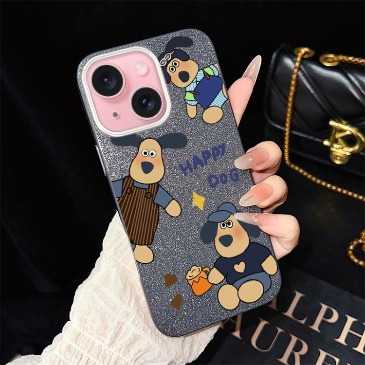 Custodia per telefono ibrida in PC e TPU con motivo "cane felice" e glitter IMD., For iPhone 16 Pro, For iPhone 16 Plus, For iPhone 16, For iPhone 15 Pro Max, For iPhone 15 Pro, For iPhone 15 Plus