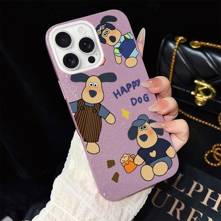Custodia per telefono ibrida in PC e TPU con motivo "cane felice" e glitter IMD., For iPhone 16 Pro, For iPhone 16 Plus, For iPhone 16, For iPhone 15 Pro Max, For iPhone 15 Pro, For iPhone 15 Plus