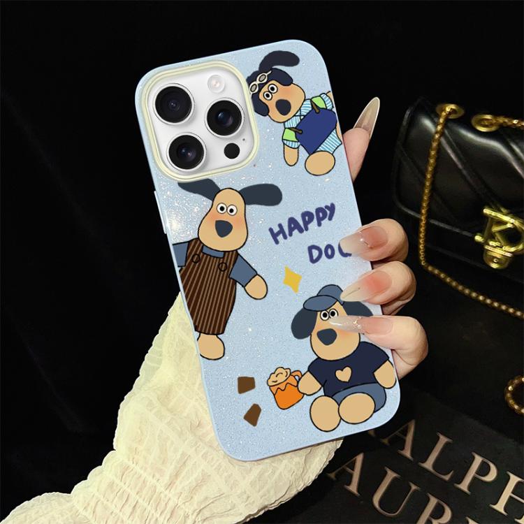 Custodia per telefono ibrida in PC e TPU con motivo "cane felice" e glitter IMD., For iPhone 17e / 16e, For iPhone 17 Pro Max, For iPhone 17 Pro, For iPhone 17, For iPhone Air, For iPhone 16 Pro Max