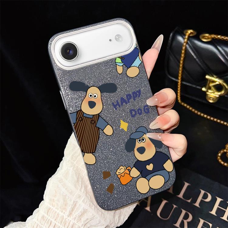 Custodia per telefono ibrida in PC e TPU con motivo "cane felice" e glitter IMD., For iPhone 17e / 16e, For iPhone 17 Pro Max, For iPhone 17 Pro, For iPhone 17, For iPhone Air, For iPhone 16 Pro Max