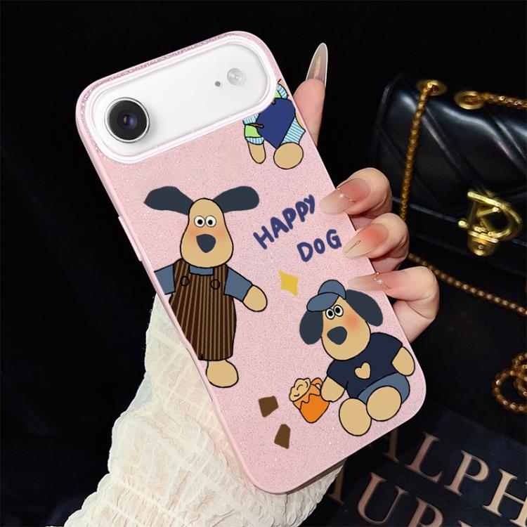 Custodia per telefono ibrida in PC e TPU con motivo "cane felice" e glitter IMD., For iPhone 17e / 16e, For iPhone 17 Pro Max, For iPhone 17 Pro, For iPhone 17, For iPhone Air, For iPhone 16 Pro Max