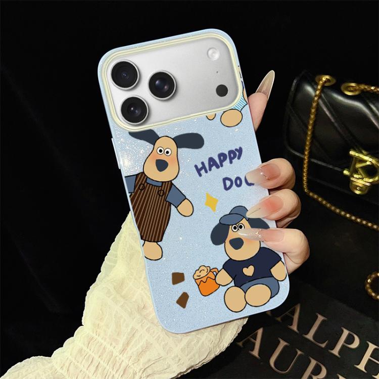 Custodia per telefono ibrida in PC e TPU con motivo "cane felice" e glitter IMD., For iPhone 17e / 16e, For iPhone 17 Pro Max, For iPhone 17 Pro, For iPhone 17, For iPhone Air, For iPhone 16 Pro Max