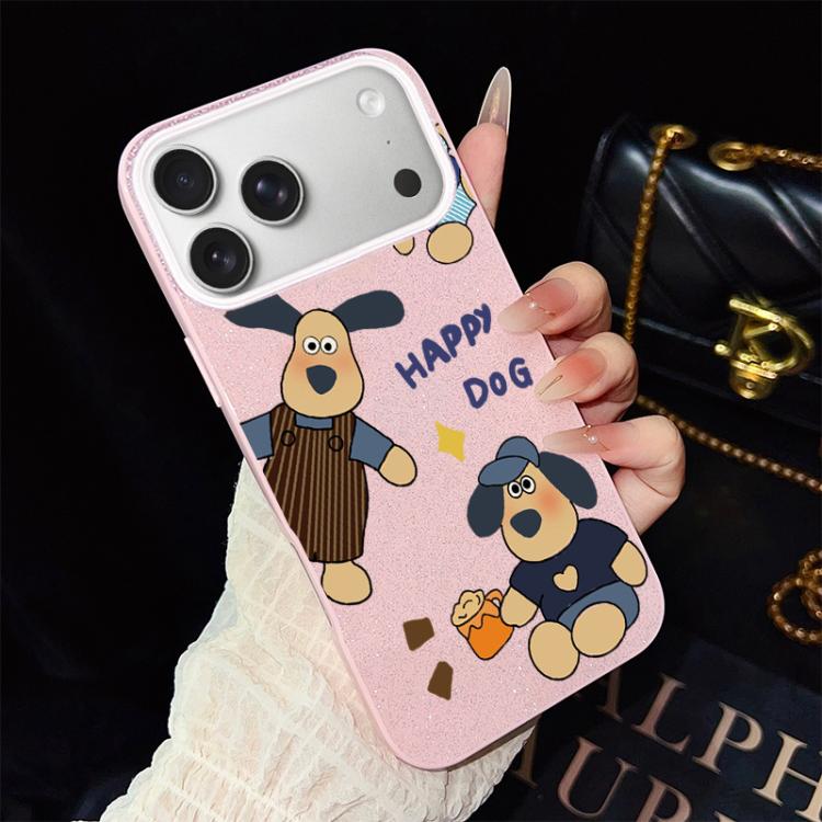 Custodia per telefono ibrida in PC e TPU con motivo "cane felice" e glitter IMD., For iPhone 17e / 16e, For iPhone 17 Pro Max, For iPhone 17 Pro, For iPhone 17, For iPhone Air, For iPhone 16 Pro Max