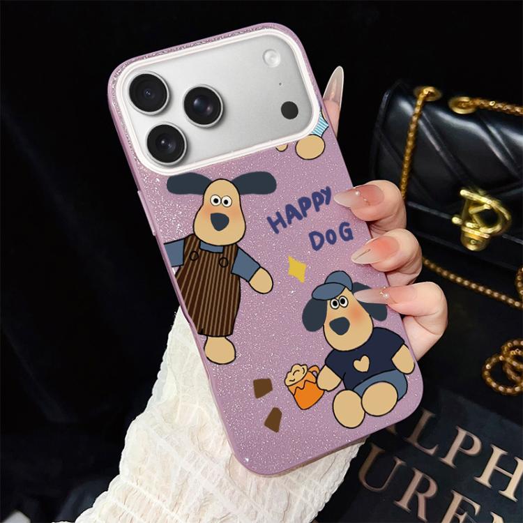 Custodia per telefono ibrida in PC e TPU con motivo "cane felice" e glitter IMD., For iPhone 17e / 16e, For iPhone 17 Pro Max, For iPhone 17 Pro, For iPhone 17, For iPhone Air, For iPhone 16 Pro Max