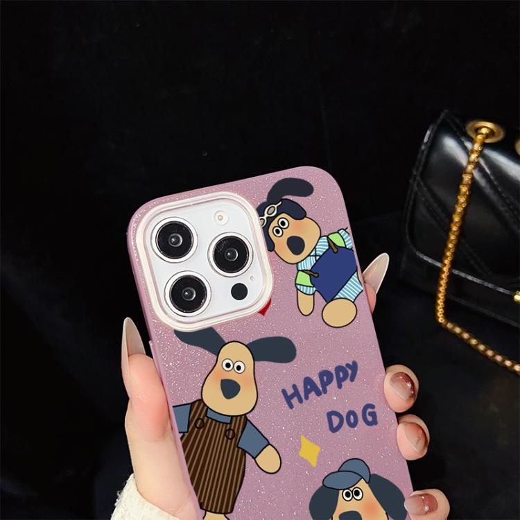 Custodia per telefono ibrida in PC e TPU con motivo "cane felice" e glitter IMD., For iPhone 17e / 16e, For iPhone 17 Pro Max, For iPhone 17 Pro, For iPhone 17, For iPhone Air, For iPhone 16 Pro Max