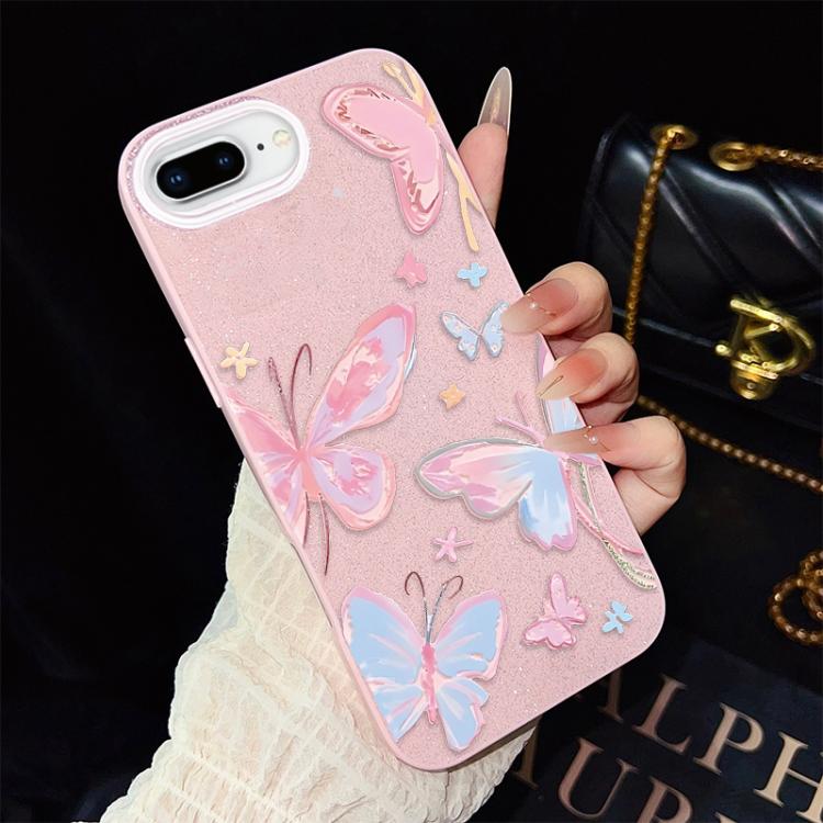 Custodia per telefono ibrida in PC e TPU con motivo a farfalle colorate e glitter IMD., For iPhone 8 Plus / 7 Plus, For iPhone 6 Plus / 6s Plus, For iPhone 6 / 6s