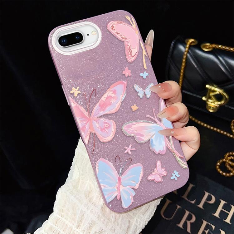 Custodia per telefono ibrida in PC e TPU con motivo a farfalle colorate e glitter IMD., For iPhone 8 Plus / 7 Plus, For iPhone 6 Plus / 6s Plus, For iPhone 6 / 6s