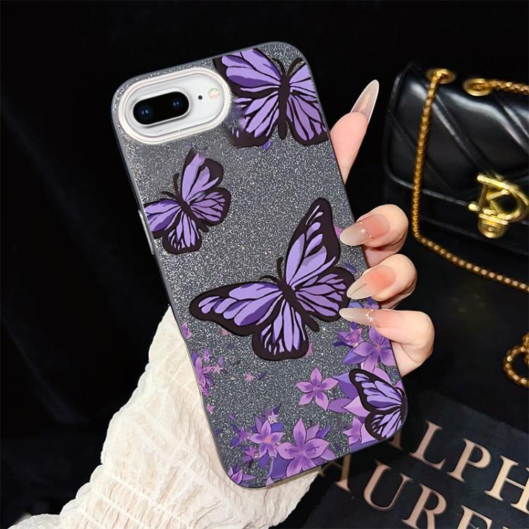 Custodia per telefono ibrida in PC e TPU con motivo farfalle viola e glitter IMD., For iPhone 8 Plus / 7 Plus, For iPhone 6 Plus / 6s Plus, For iPhone 6 / 6s