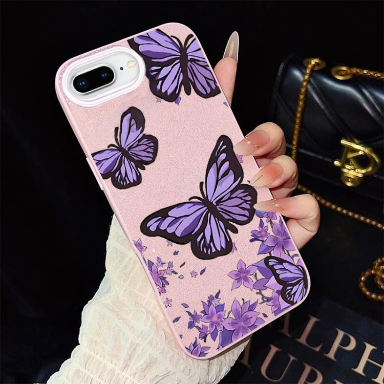 Custodia per telefono ibrida in PC e TPU con motivo farfalle viola e glitter IMD., For iPhone 8 Plus / 7 Plus, For iPhone 6 Plus / 6s Plus, For iPhone 6 / 6s