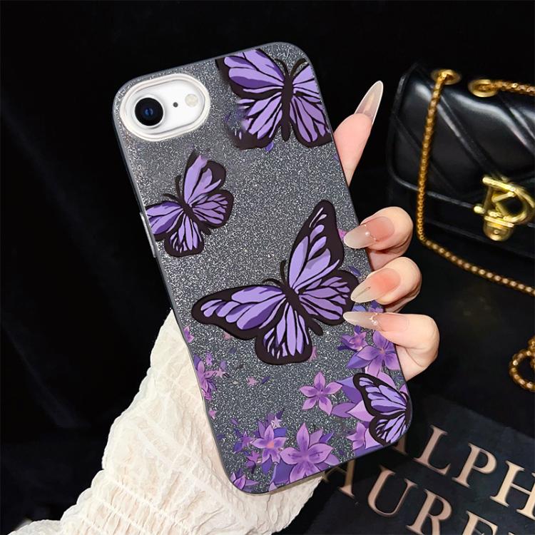 Custodia per telefono ibrida in PC e TPU con motivo farfalle viola e glitter IMD., For iPhone 15, For iPhone 14 Plus, For iPhone 14, For iPhone 14 Pro, For iPhone 14 Pro Max, For iPhone SE 2022 / SE 2020