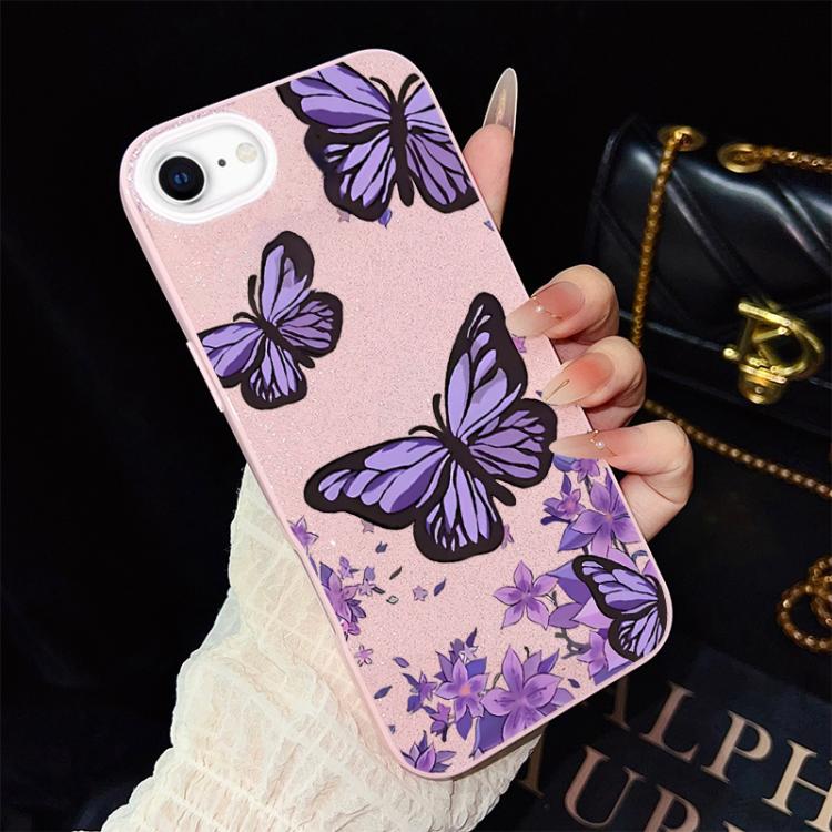 Custodia per telefono ibrida in PC e TPU con motivo farfalle viola e glitter IMD., For iPhone 15, For iPhone 14 Plus, For iPhone 14, For iPhone 14 Pro, For iPhone 14 Pro Max, For iPhone SE 2022 / SE 2020
