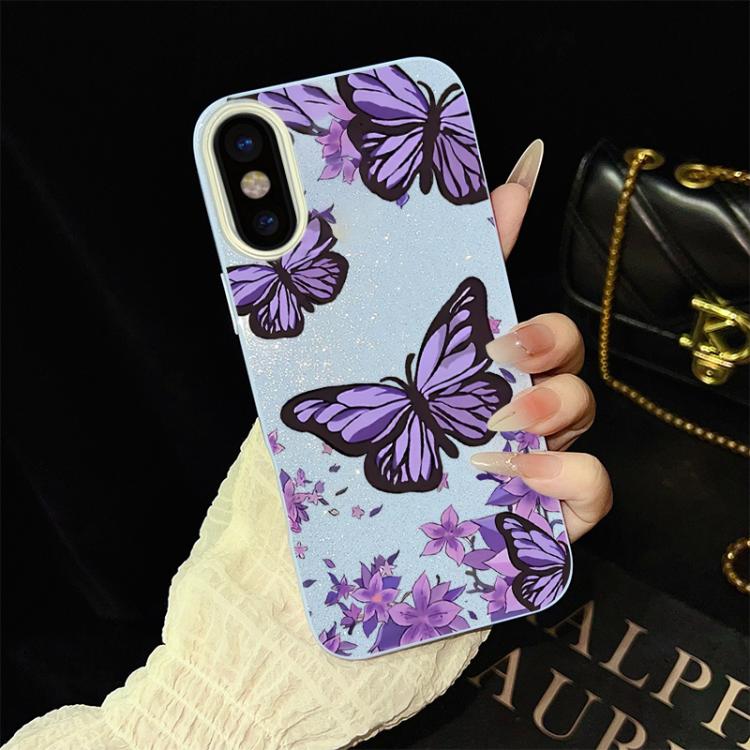 Custodia per telefono ibrida in PC e TPU con motivo farfalle viola e glitter IMD., For iPhone 11 Pro Max, For iPhone 11, For iPhone 11 Pro, For iPhone XS / X, For iPhone XR, For iPhone XS Max