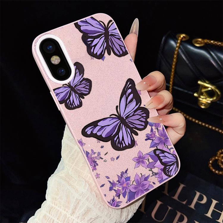 Custodia per telefono ibrida in PC e TPU con motivo farfalle viola e glitter IMD., For iPhone 11 Pro Max, For iPhone 11, For iPhone 11 Pro, For iPhone XS / X, For iPhone XR, For iPhone XS Max