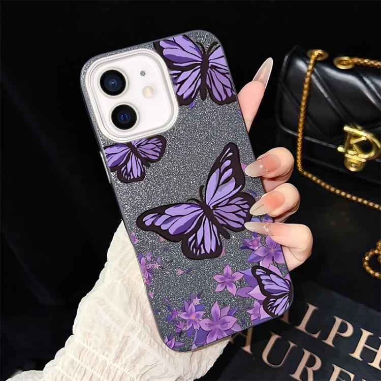 Custodia per telefono ibrida in PC e TPU con motivo farfalle viola e glitter IMD., For iPhone 13 Pro Max, For iPhone 13 Pro, For iPhone 13, For iPhone 12, For iPhone 12 Pro Max, For iPhone 12 Pro