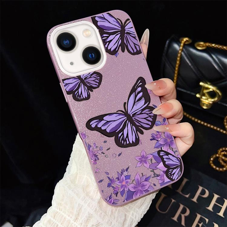 Custodia per telefono ibrida in PC e TPU con motivo farfalle viola e glitter IMD., For iPhone 13 Pro Max, For iPhone 13 Pro, For iPhone 13, For iPhone 12, For iPhone 12 Pro Max, For iPhone 12 Pro