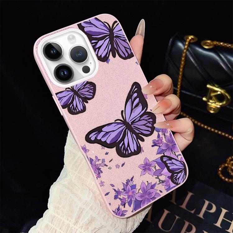 Custodia per telefono ibrida in PC e TPU con motivo farfalle viola e glitter IMD., For iPhone 13 Pro Max, For iPhone 13 Pro, For iPhone 13, For iPhone 12, For iPhone 12 Pro Max, For iPhone 12 Pro