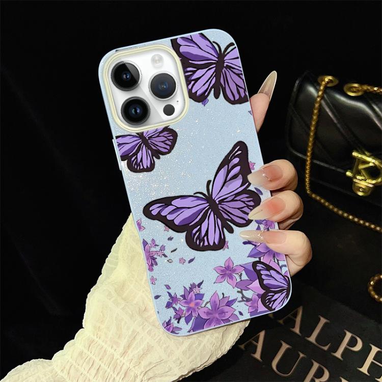 Custodia per telefono ibrida in PC e TPU con motivo farfalle viola e glitter IMD., For iPhone 13 Pro Max, For iPhone 13 Pro, For iPhone 13, For iPhone 12, For iPhone 12 Pro Max, For iPhone 12 Pro