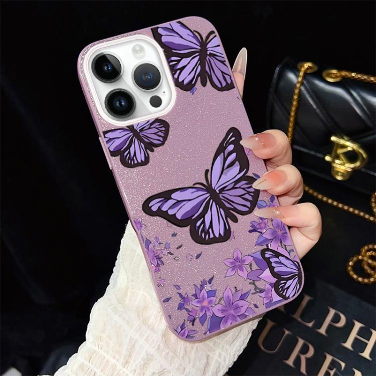 Custodia per telefono ibrida in PC e TPU con motivo farfalle viola e glitter IMD., For iPhone 13 Pro Max, For iPhone 13 Pro, For iPhone 13, For iPhone 12, For iPhone 12 Pro Max, For iPhone 12 Pro
