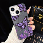 Custodia per telefono ibrida in PC e TPU con motivo farfalle viola e glitter IMD., For iPhone 15, For iPhone 14 Plus, For iPhone 14, For iPhone 14 Pro, For iPhone 14 Pro Max, For iPhone SE 2022 / SE 2020