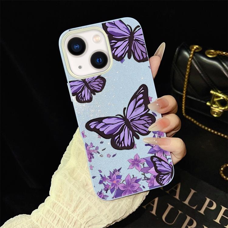 Custodia per telefono ibrida in PC e TPU con motivo farfalle viola e glitter IMD., For iPhone 15, For iPhone 14 Plus, For iPhone 14, For iPhone 14 Pro, For iPhone 14 Pro Max, For iPhone SE 2022 / SE 2020
