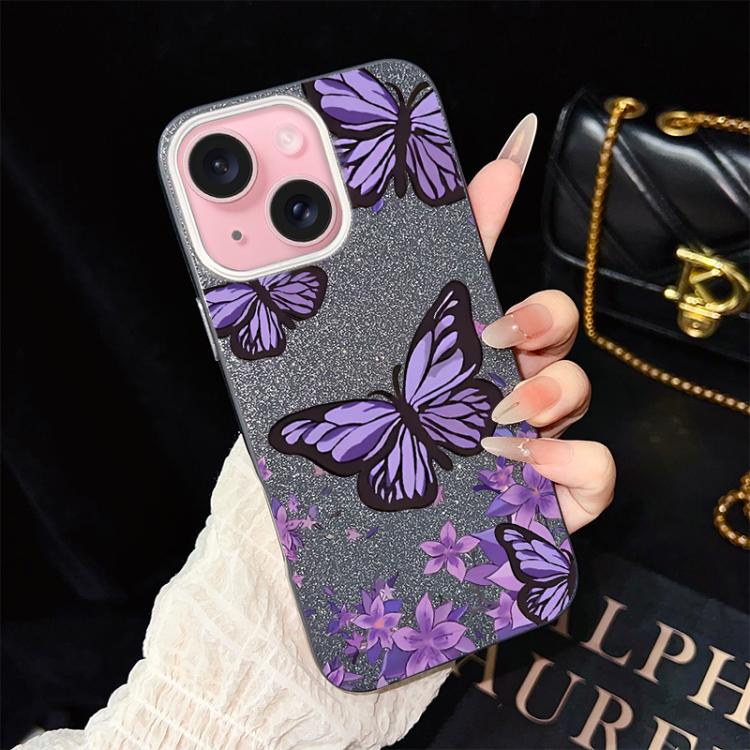 Custodia per telefono ibrida in PC e TPU con motivo farfalle viola e glitter IMD., For iPhone 15, For iPhone 14 Plus, For iPhone 14, For iPhone 14 Pro, For iPhone 14 Pro Max, For iPhone SE 2022 / SE 2020