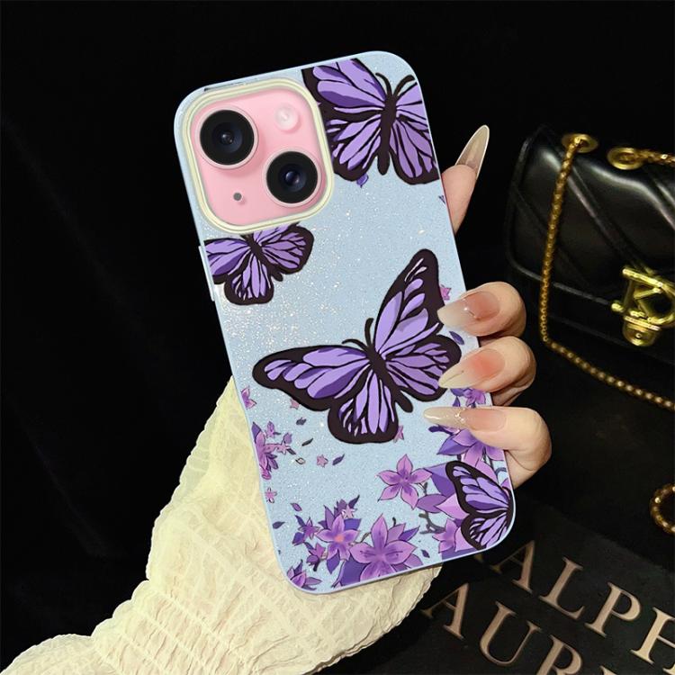 Custodia per telefono ibrida in PC e TPU con motivo farfalle viola e glitter IMD., For iPhone 15, For iPhone 14 Plus, For iPhone 14, For iPhone 14 Pro, For iPhone 14 Pro Max, For iPhone SE 2022 / SE 2020