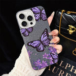 Custodia per telefono ibrida in PC e TPU con motivo farfalle viola e glitter IMD., For iPhone 16 Pro, For iPhone 16 Plus, For iPhone 16, For iPhone 15 Pro Max, For iPhone 15 Pro, For iPhone 15 Plus