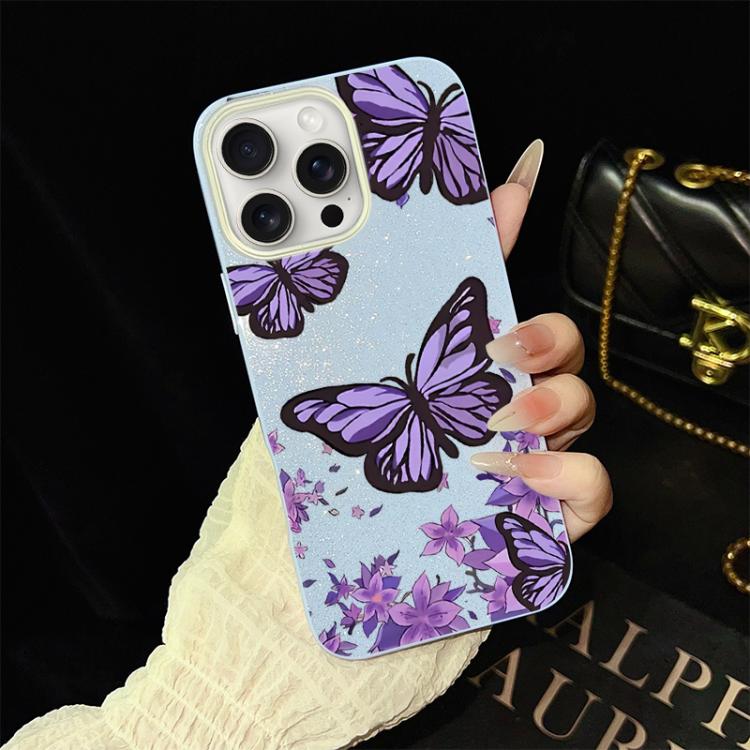 Custodia per telefono ibrida in PC e TPU con motivo farfalle viola e glitter IMD., For iPhone 16 Pro, For iPhone 16 Plus, For iPhone 16, For iPhone 15 Pro Max, For iPhone 15 Pro, For iPhone 15 Plus