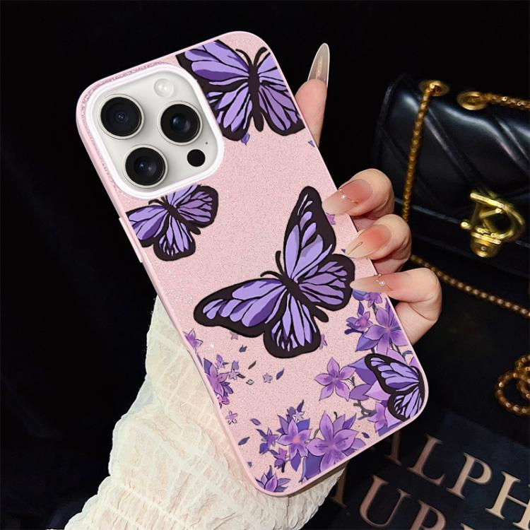 Custodia per telefono ibrida in PC e TPU con motivo farfalle viola e glitter IMD., For iPhone 16 Pro, For iPhone 16 Plus, For iPhone 16, For iPhone 15 Pro Max, For iPhone 15 Pro, For iPhone 15 Plus