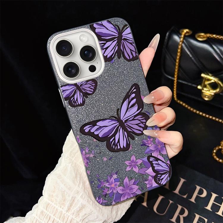 Custodia per telefono ibrida in PC e TPU con motivo farfalle viola e glitter IMD., For iPhone 16 Pro, For iPhone 16 Plus, For iPhone 16, For iPhone 15 Pro Max, For iPhone 15 Pro, For iPhone 15 Plus