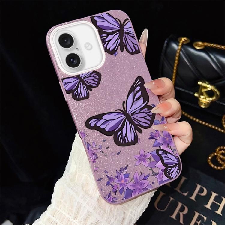 Custodia per telefono ibrida in PC e TPU con motivo farfalle viola e glitter IMD., For iPhone 16 Pro, For iPhone 16 Plus, For iPhone 16, For iPhone 15 Pro Max, For iPhone 15 Pro, For iPhone 15 Plus
