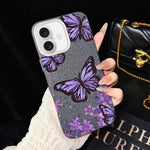 Custodia per telefono ibrida in PC e TPU con motivo farfalle viola e glitter IMD., For iPhone 16 Pro, For iPhone 16 Plus, For iPhone 16, For iPhone 15 Pro Max, For iPhone 15 Pro, For iPhone 15 Plus