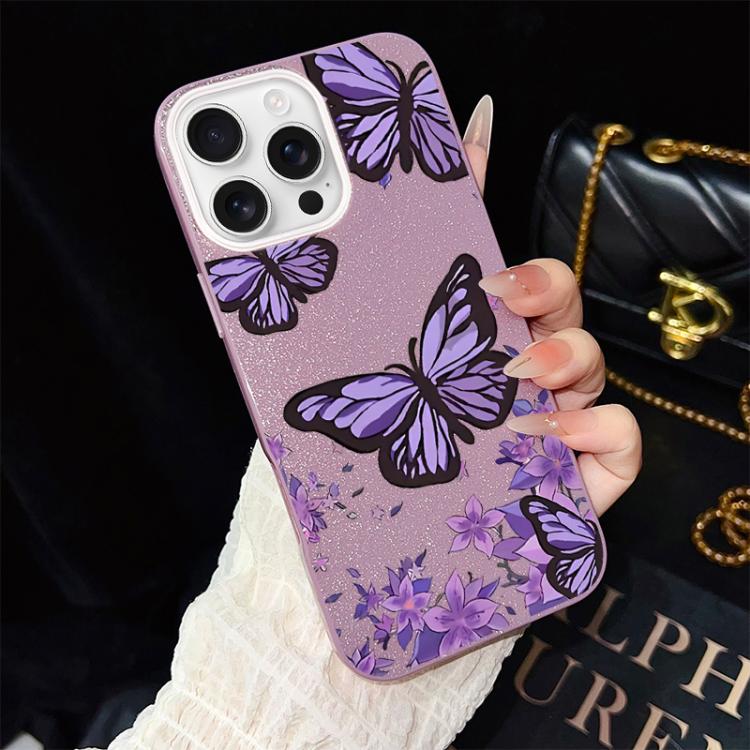 Custodia per telefono ibrida in PC e TPU con motivo farfalle viola e glitter IMD., For iPhone 16 Pro, For iPhone 16 Plus, For iPhone 16, For iPhone 15 Pro Max, For iPhone 15 Pro, For iPhone 15 Plus