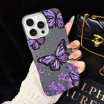 Custodia per telefono ibrida in PC e TPU con motivo farfalle viola e glitter IMD., For iPhone 17e / 16e, For iPhone 17 Pro Max, For iPhone 17 Pro, For iPhone 17, For iPhone Air, For iPhone 16 Pro Max