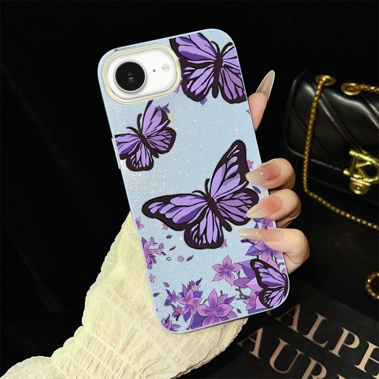 Custodia per telefono ibrida in PC e TPU con motivo farfalle viola e glitter IMD., For iPhone 17e / 16e, For iPhone 17 Pro Max, For iPhone 17 Pro, For iPhone 17, For iPhone Air, For iPhone 16 Pro Max