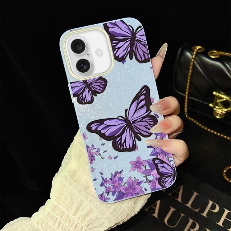 Custodia per telefono ibrida in PC e TPU con motivo farfalle viola e glitter IMD., For iPhone 17e / 16e, For iPhone 17 Pro Max, For iPhone 17 Pro, For iPhone 17, For iPhone Air, For iPhone 16 Pro Max