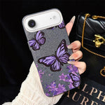 Custodia per telefono ibrida in PC e TPU con motivo farfalle viola e glitter IMD., For iPhone 17e / 16e, For iPhone 17 Pro Max, For iPhone 17 Pro, For iPhone 17, For iPhone Air, For iPhone 16 Pro Max