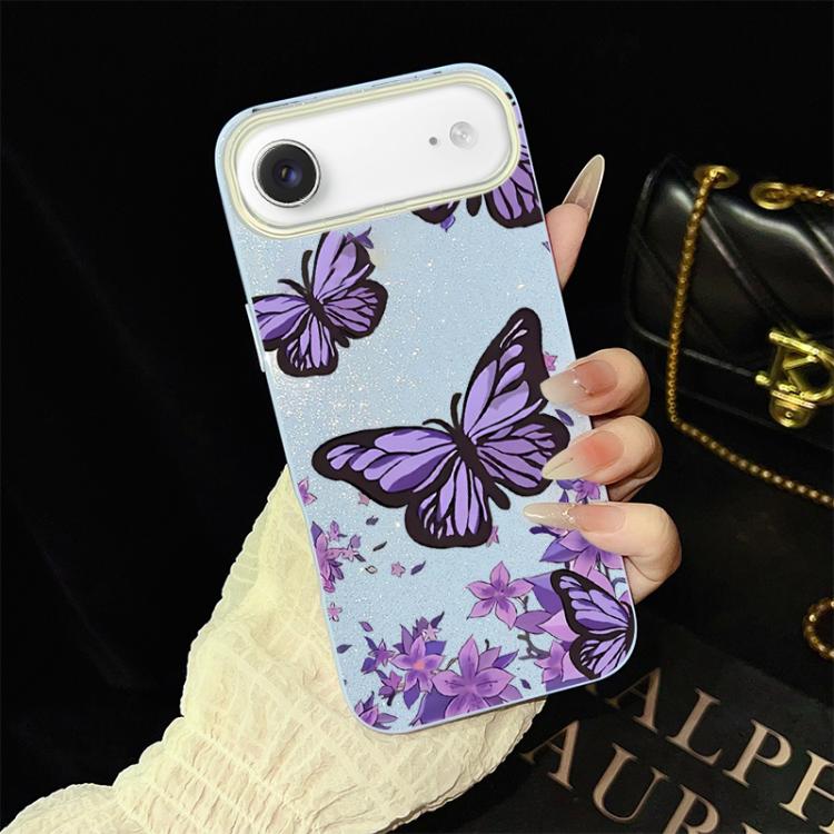Custodia per telefono ibrida in PC e TPU con motivo farfalle viola e glitter IMD., For iPhone 17e / 16e, For iPhone 17 Pro Max, For iPhone 17 Pro, For iPhone 17, For iPhone Air, For iPhone 16 Pro Max