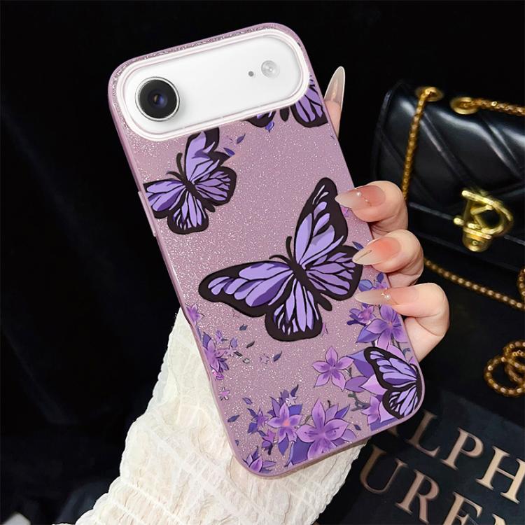 Custodia per telefono ibrida in PC e TPU con motivo farfalle viola e glitter IMD., For iPhone 17e / 16e, For iPhone 17 Pro Max, For iPhone 17 Pro, For iPhone 17, For iPhone Air, For iPhone 16 Pro Max